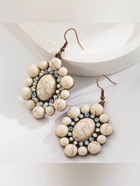 Bohemian Cream Stone Drop Earrings with Crystal Accents